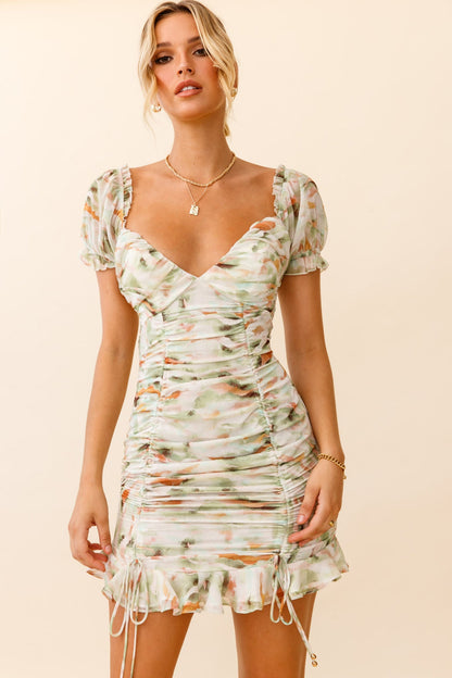 Serena Puff Sleeve Ruched Detail Dress Watercolor Print Green