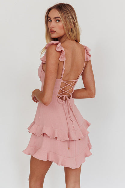 Moonlit Moment Ruffle Trim Piping Detail Lace-Up Back Dress Dusty Rose