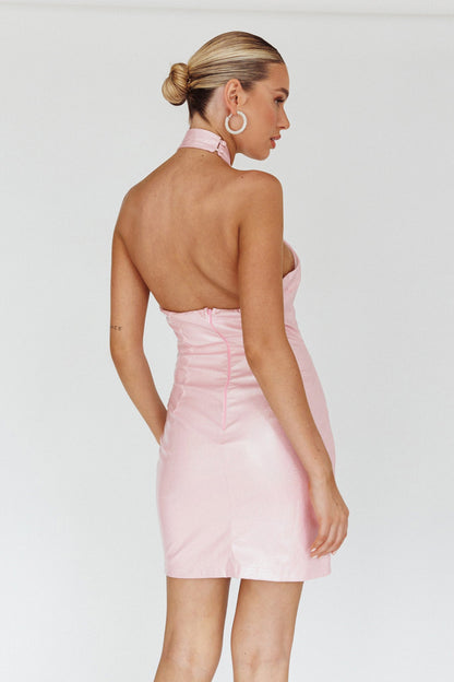 For The Gram Faux Leather Halter Dress Pink