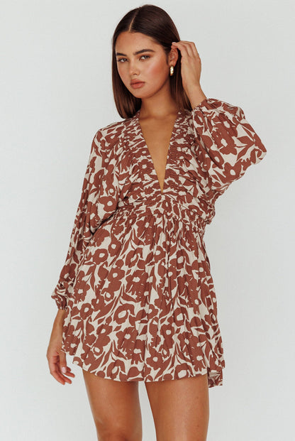 Going Your Way Long Sleeve Mini Dress Floral Brown