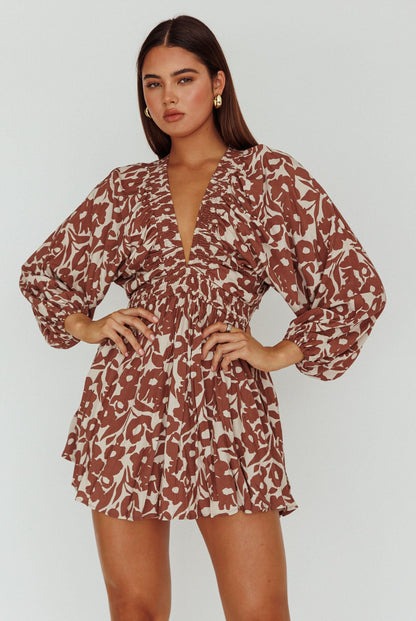 Going Your Way Long Sleeve Mini Dress Floral Brown