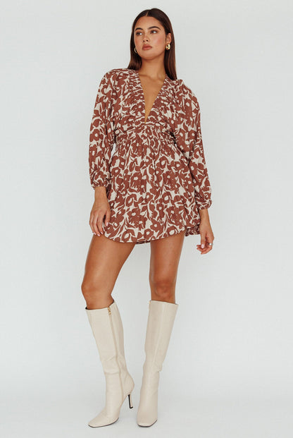 Going Your Way Long Sleeve Mini Dress Floral Brown