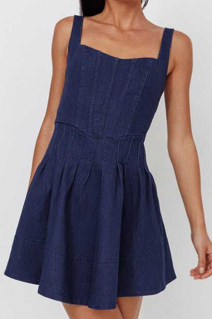 Talisa Pintuck Pleat Waist Mini Dress Dark Blue