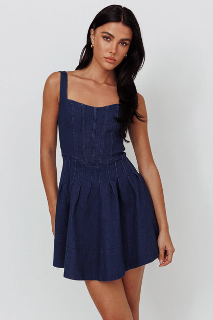 Talisa Pintuck Pleat Waist Mini Dress Dark Blue