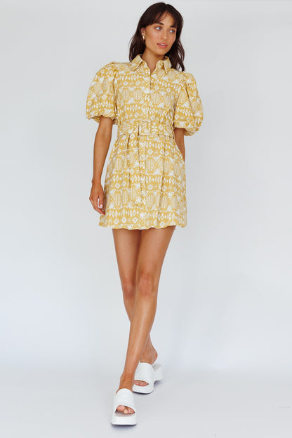 Nanette Puff Sleeve Belted Mini Dress Print Yellow