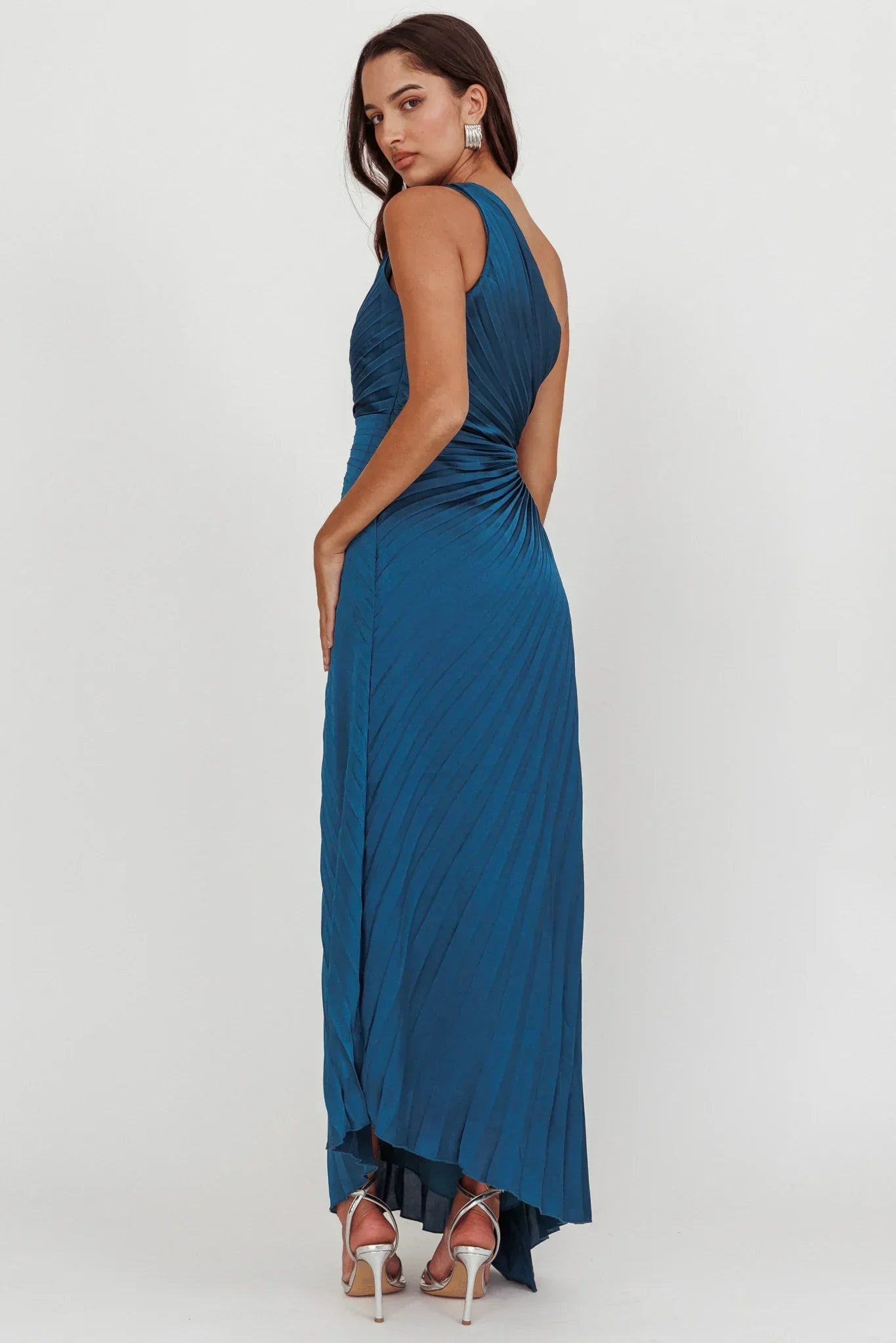Amelie One-Shoulder Accordion Pleat Maxi Dress Teal