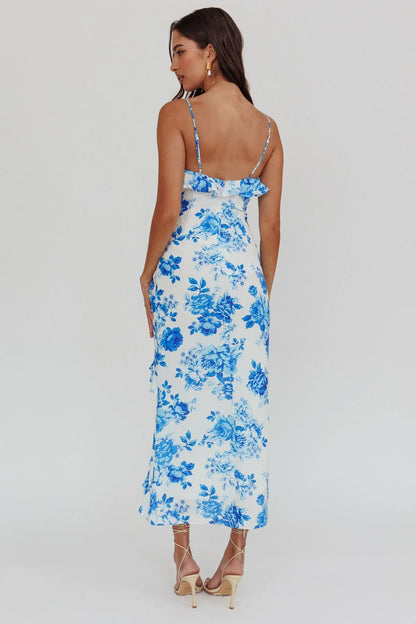 Silvana Frill Trim Maxi Dress Floral Blue