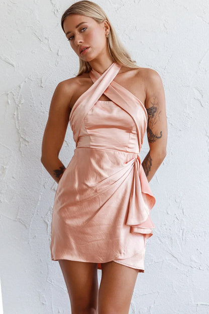 Stars Align Halterneck Satin Dress Peach