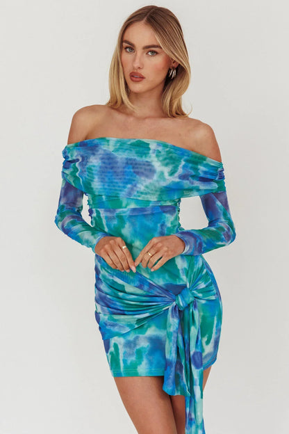 Dangerous Off-Shoulder Waist Tie Mesh Mini Dress Print Blue