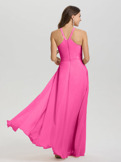 A-Line Hater Key Hole Sleeveless Floor Length Chiffon Bridesmaid Dress