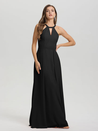 A-Line Hater Key Hole Sleeveless Floor Length Chiffon Bridesmaid Dress