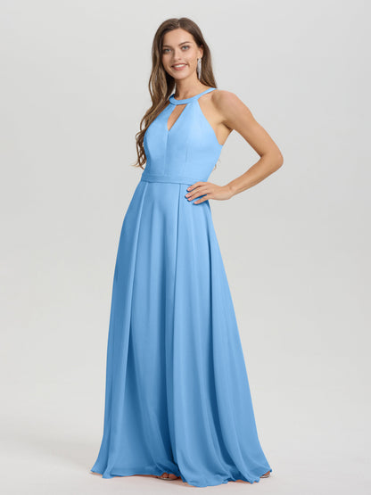 A-Line Hater Key Hole Sleeveless Floor Length Chiffon Bridesmaid Dress