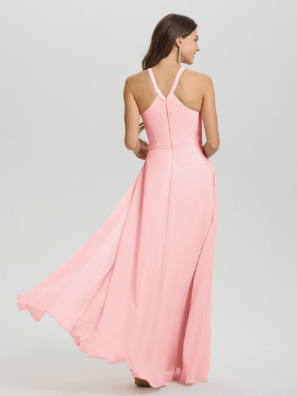 A-Line Hater Key Hole Sleeveless Floor Length Chiffon Bridesmaid Dress