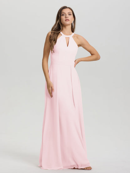 A-Line Hater Key Hole Sleeveless Floor Length Chiffon Bridesmaid Dress