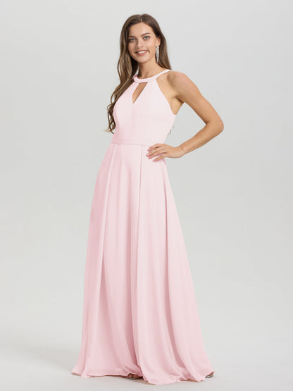 A-Line Hater Key Hole Sleeveless Floor Length Chiffon Bridesmaid Dress
