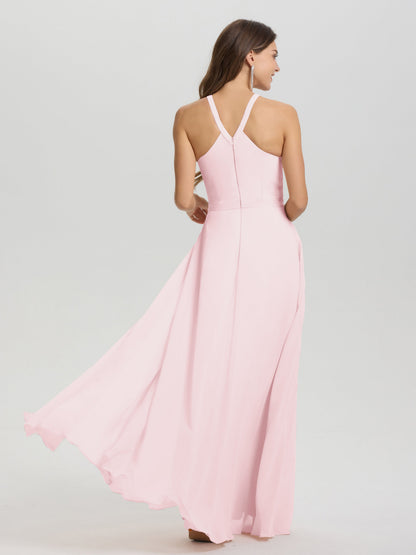 A-Line Hater Key Hole Sleeveless Floor Length Chiffon Bridesmaid Dress