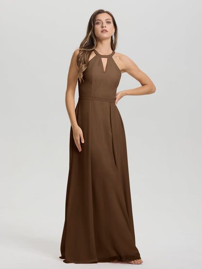 A-Line Hater Key Hole Sleeveless Floor Length Chiffon Bridesmaid Dress