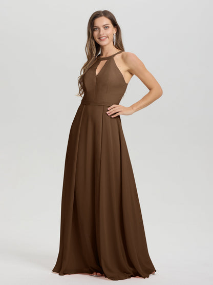 A-Line Hater Key Hole Sleeveless Floor Length Chiffon Bridesmaid Dress