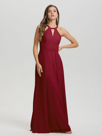 A-Line Hater Key Hole Sleeveless Floor Length Chiffon Bridesmaid Dress