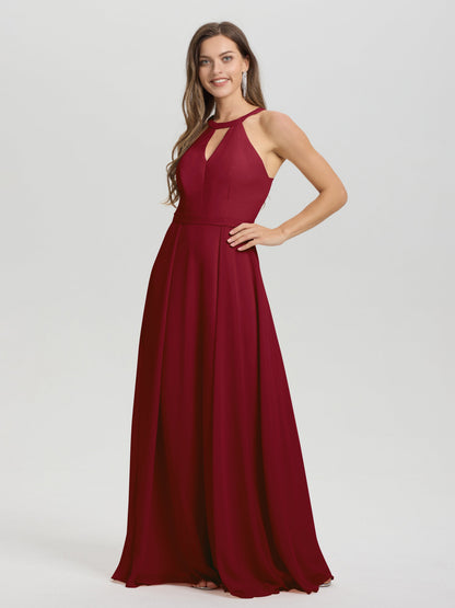 A-Line Hater Key Hole Sleeveless Floor Length Chiffon Bridesmaid Dress
