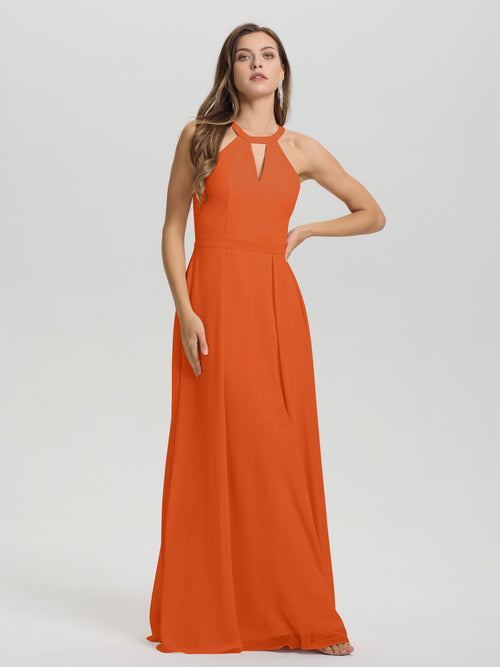 A-Line Hater Key Hole Sleeveless Floor Length Chiffon Bridesmaid Dress