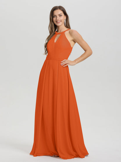 A-Line Hater Key Hole Sleeveless Floor Length Chiffon Bridesmaid Dress