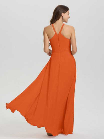 A-Line Hater Key Hole Sleeveless Floor Length Chiffon Bridesmaid Dress