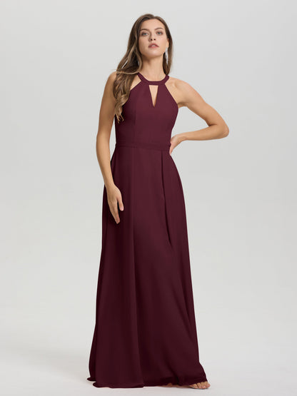 A-Line Hater Key Hole Sleeveless Floor Length Chiffon Bridesmaid Dress