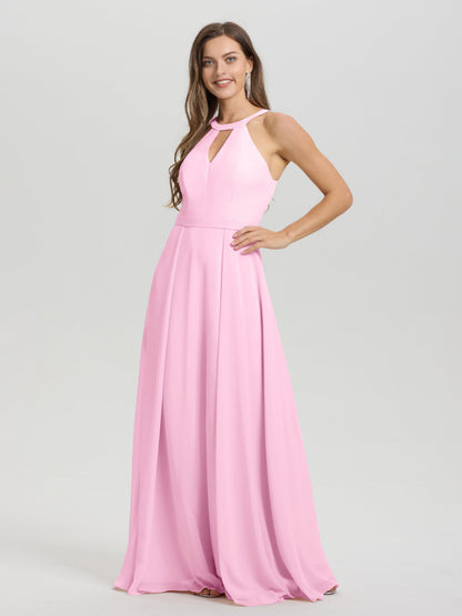 A-Line Hater Key Hole Sleeveless Floor Length Chiffon Bridesmaid Dress