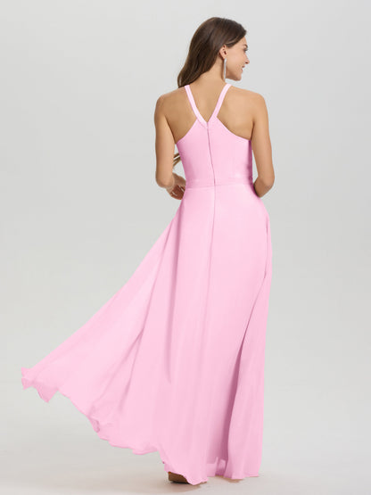 A-Line Hater Key Hole Sleeveless Floor Length Chiffon Bridesmaid Dress
