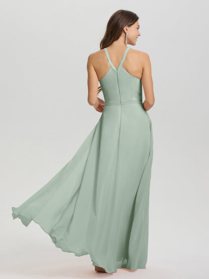 A-Line Hater Key Hole Sleeveless Floor Length Chiffon Bridesmaid Dress