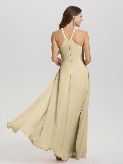A-Line Hater Key Hole Sleeveless Floor Length Chiffon Bridesmaid Dress