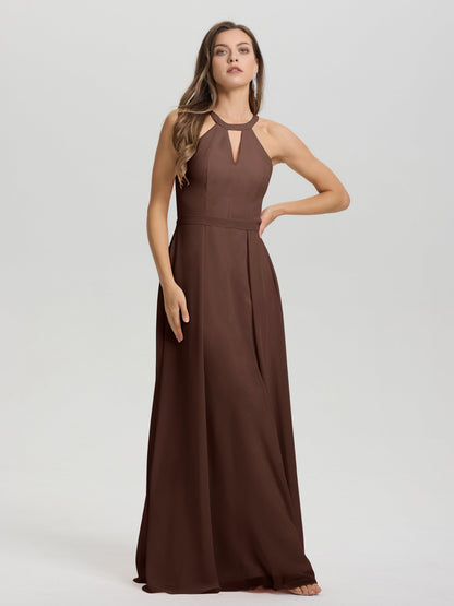 A-Line Hater Key Hole Sleeveless Floor Length Chiffon Bridesmaid Dress