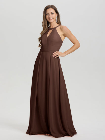 A-Line Hater Key Hole Sleeveless Floor Length Chiffon Bridesmaid Dress