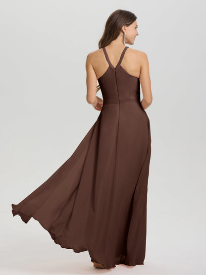 A-Line Hater Key Hole Sleeveless Floor Length Chiffon Bridesmaid Dress