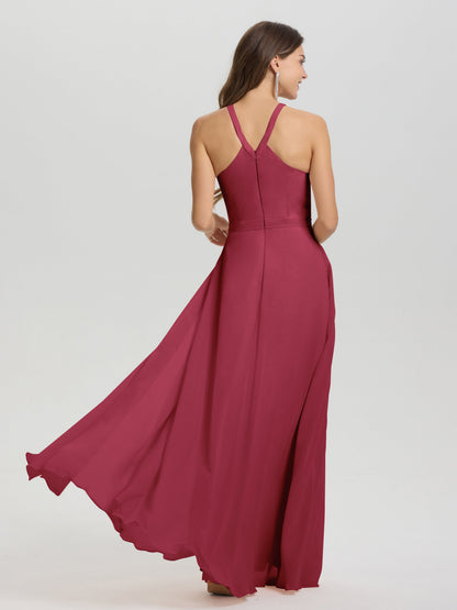A-Line Hater Key Hole Sleeveless Floor Length Chiffon Bridesmaid Dress