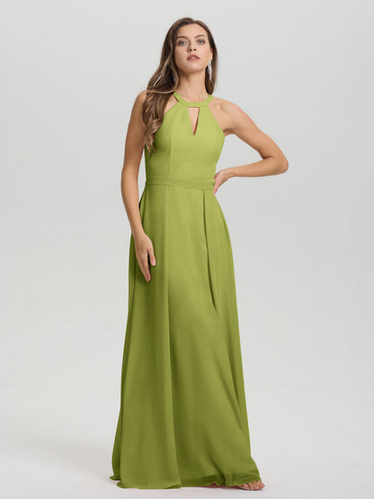 A-Line Hater Key Hole Sleeveless Floor Length Chiffon Bridesmaid Dress