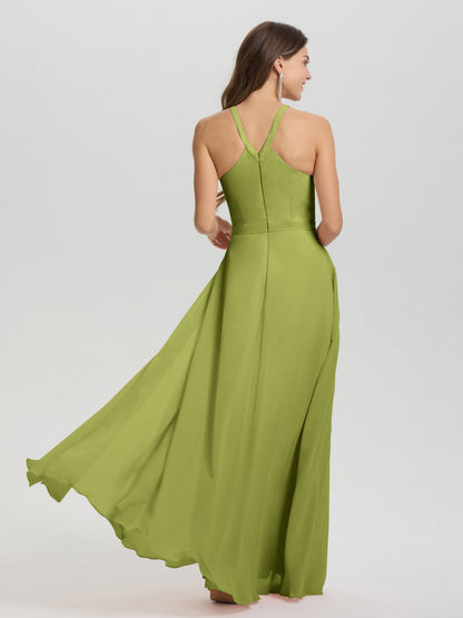A-Line Hater Key Hole Sleeveless Floor Length Chiffon Bridesmaid Dress