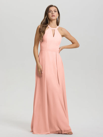 A-Line Hater Key Hole Sleeveless Floor Length Chiffon Bridesmaid Dress