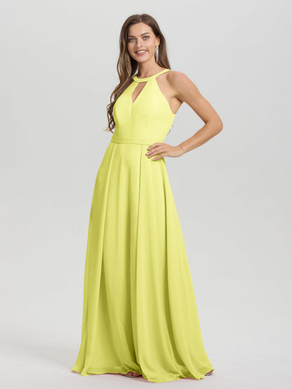 A-Line Hater Key Hole Sleeveless Floor Length Chiffon Bridesmaid Dress