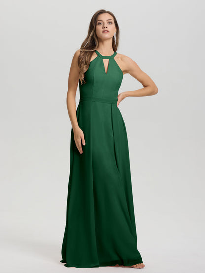 A-Line Hater Key Hole Sleeveless Floor Length Chiffon Bridesmaid Dress