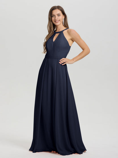 A-Line Hater Key Hole Sleeveless Floor Length Chiffon Bridesmaid Dress