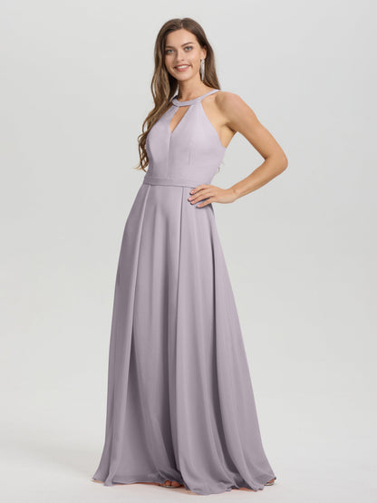 A-Line Hater Key Hole Sleeveless Floor Length Chiffon Bridesmaid Dress