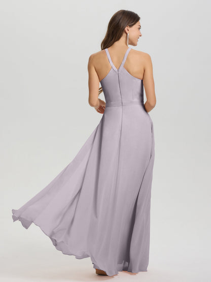 A-Line Hater Key Hole Sleeveless Floor Length Chiffon Bridesmaid Dress