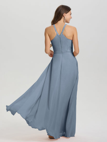 A-Line Hater Key Hole Sleeveless Floor Length Chiffon Bridesmaid Dress