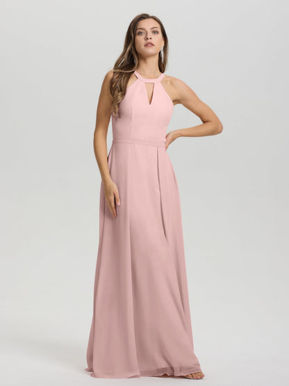 A-Line Hater Key Hole Sleeveless Floor Length Chiffon Bridesmaid Dress
