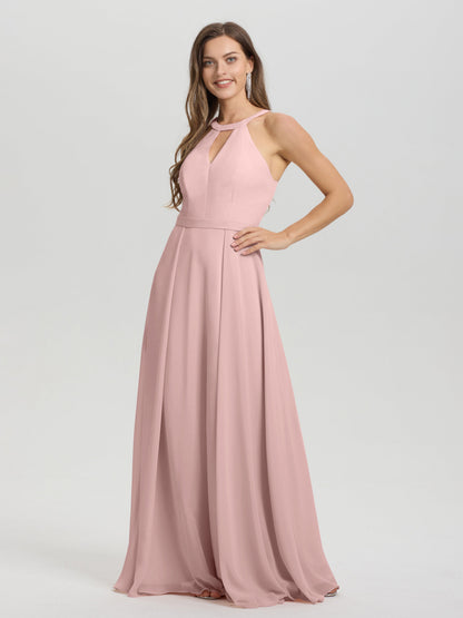 A-Line Hater Key Hole Sleeveless Floor Length Chiffon Bridesmaid Dress