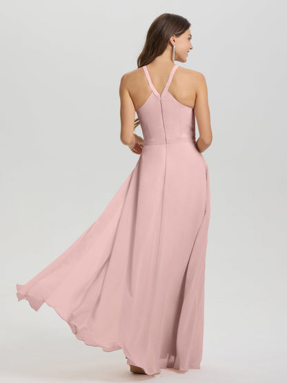 A-Line Hater Key Hole Sleeveless Floor Length Chiffon Bridesmaid Dress