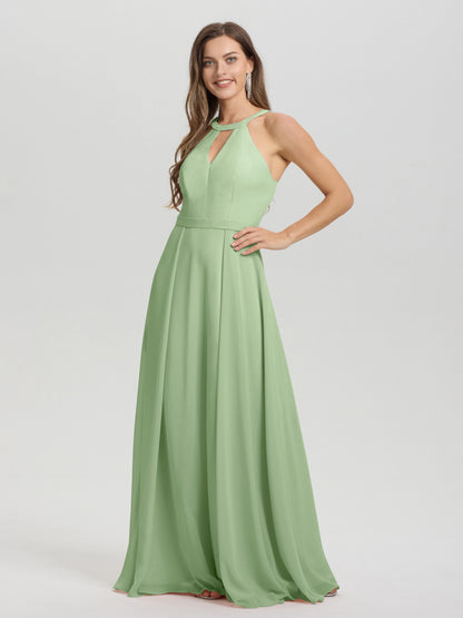 A-Line Hater Key Hole Sleeveless Floor Length Chiffon Bridesmaid Dress