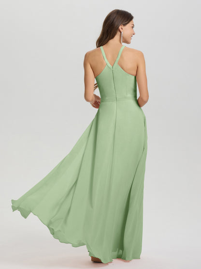 A-Line Hater Key Hole Sleeveless Floor Length Chiffon Bridesmaid Dress
